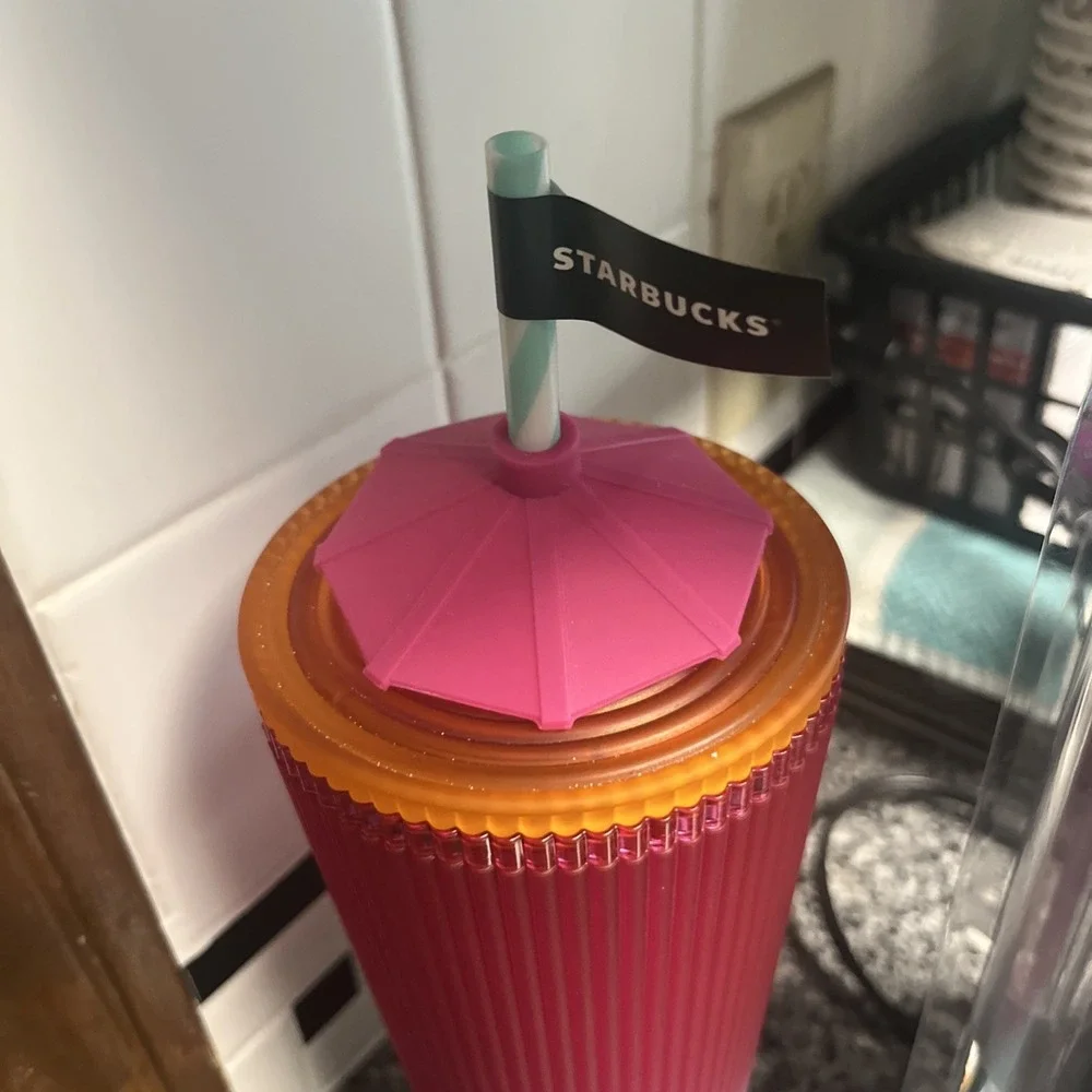 Starbucks 2025 Neon Pink Gradient Pleated Sun Umbrella Topper‎ Charm Tumbler